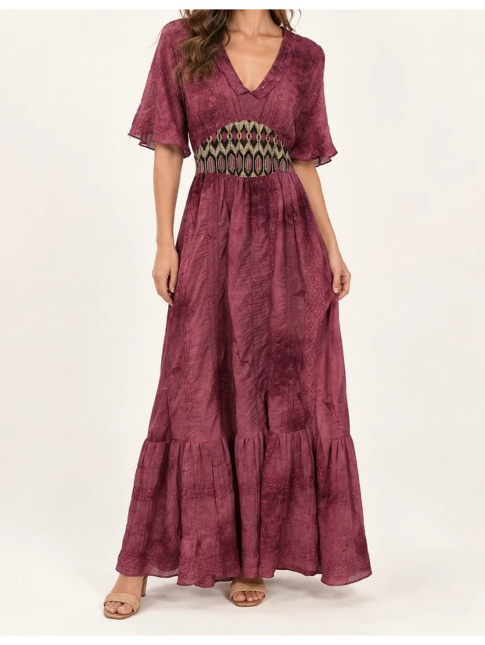 Boho Plum Maxi Dress Medium Empire Waist Flutter Sleeve Festival